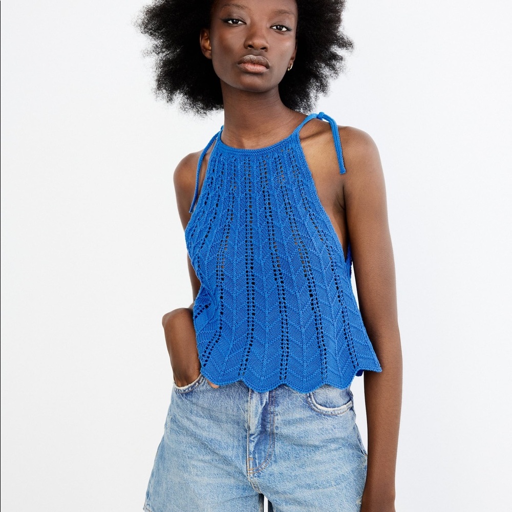 BLUE OPENWORK KNIT TOP M
